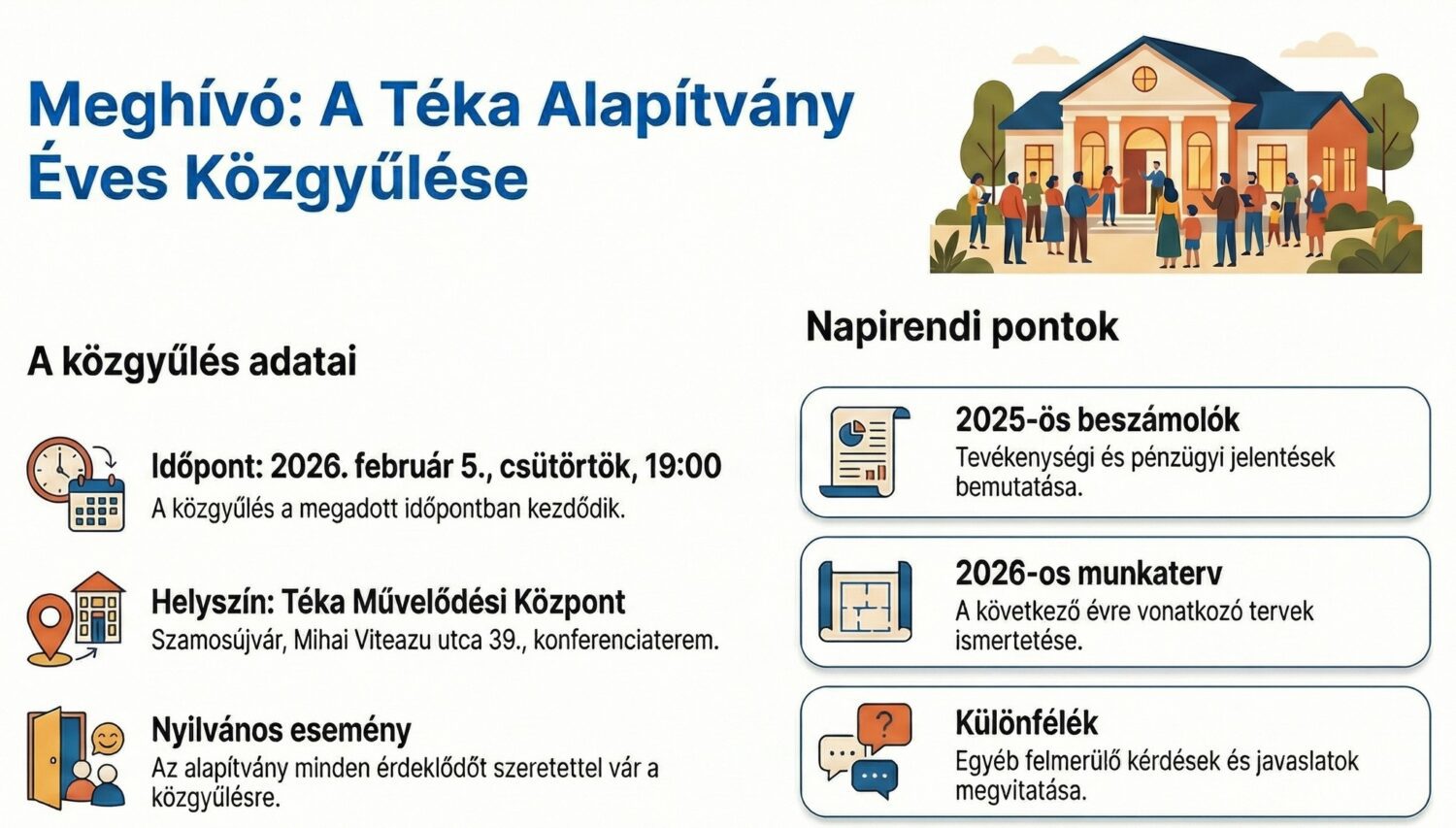 Téka Alapítvány éves közgyűlésének meghívója Szamosújváron, 2026. február 5.
