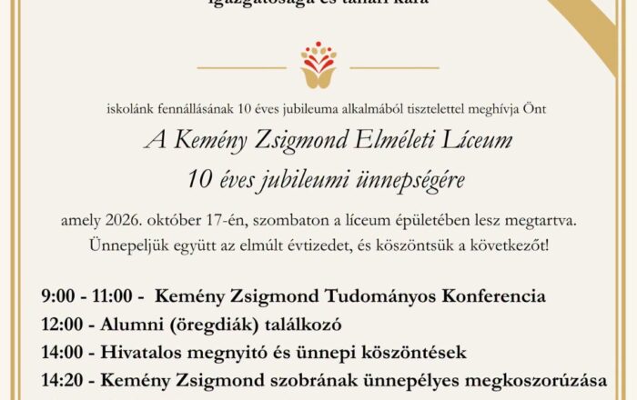 Október 17-én ünnepli fennállásának 10. évfordulóját a Kemény Zsigmond Elméleti Líceum